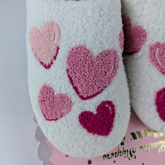 Hearts Slippers Sherpa Upper Fleece Memory Foam Slip On Ivory Pink XL (9/10) NWT - Picture 2 of 11